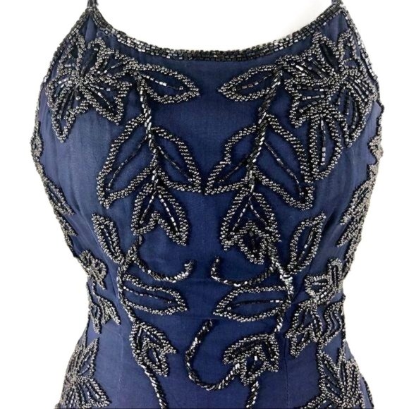 Vintage 100% Silk Navy blue beaded evening gown. Size Small. - Picture 4 of 7